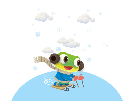 수원이 캐릭터(개구리)가 얼음썰매를 타고 있는 그림