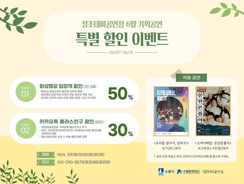 정조테마공연장 6월 기획공연 특별할인 이벤트 06/07~06/15 EVENT01 화성행궁 입장객 할인(1인 2매) 50% -매표소/검표소에서 할인권 선착순 배포 - 화성행궁 입장객에 한하여 당일 공연에 적용 가능 -공연장 티켓박스에서 현장 결제(공연 1시간 전 오픈) EVENT 카카오톡 플러스친구 할인(본인) 30% -정조테마공연장 카카오톡 플러스친구 추가 -NOL 인터파크(인터파크티켓) 사이트에서 해당 할인권종 선택하여 예매 -공연 당일 티켓 수령 시 카톡 플친 화면 인증 적용 공연 토리를 찾아서, 얼씨구! 6/7(토) 16시 오버더떼창: 문전본풀이 6/14-15(일) 16시 *공연 상세 내용은 NOL 인터파크(인터파크티켓)를 참고해 주세요. 예매 NOL 인터파크(인터파크티켓) 문의 031-290-3573(정조테마공연장) 수원시 수원문화재단 정조테마공연장