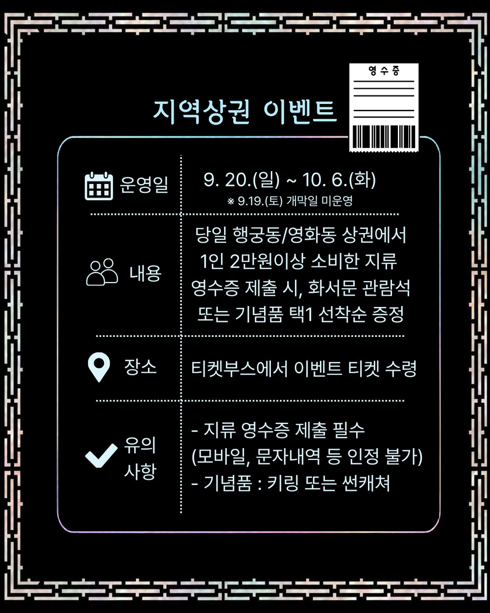 지역상권 이벤트입니다. 운영일은 2026년 9월 20일 일요일부터 10월 6일 화요일까지입니다. 9월 19일 토요일은 개막일로 미운영합니다. 내용은 당일 행궁동 및 영화동 상권에서 1인 2만원 이상 소비한 지류 영수증 제출 시, 화서문 관람석 또는 기념품 택1하여 선착순 증정합니다. 장소는 티켓부스에서 이벤트 티켓 수령 가능합니다. 유의사항 1번 지류 영수증 제출 필수입니다. (모바일, 문자내역 등은 인정 불가입니다.) 2번 기념품은 키링 또는 썬캐쳐입니다.