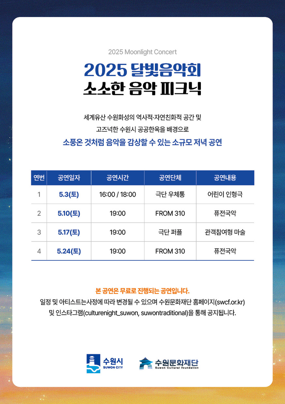 2025moonlight Concert 2025 달빛음악회 소소한 음악 피크닉 세계유산 수원화성의 역사적, 자연친화적 공간 및 고즈넉한 수원시 공공한옥을 배경으로 소풍온 것처럼 음악을 감상할 수 있는 소규모 저녁 공연 공연 상세표 공연에 대한 연번, 공연일자, 공연시간, 공연단체, 공연내용입니다. 5.3(토) 16:00/18:00 극단 우체통 어린이 인형극 5.10(토) 19:00 FROM 310 퓨전국악 5.17(토) 19:00 극단 퍼플 관객참여형 마술 5.24(토) 19:00 FROM 310 퓨전국악 본 공연은 무료로 진행되는 공연입니다. 일정 및 아티스트는 사정에 따라 변경될 수 있으며 수원문화재단(swcf.or.kr) 및 인스타그램(culturenight_suwon, suwontraditional)을 통해 공지됩니다. 수원시 수원문화재단