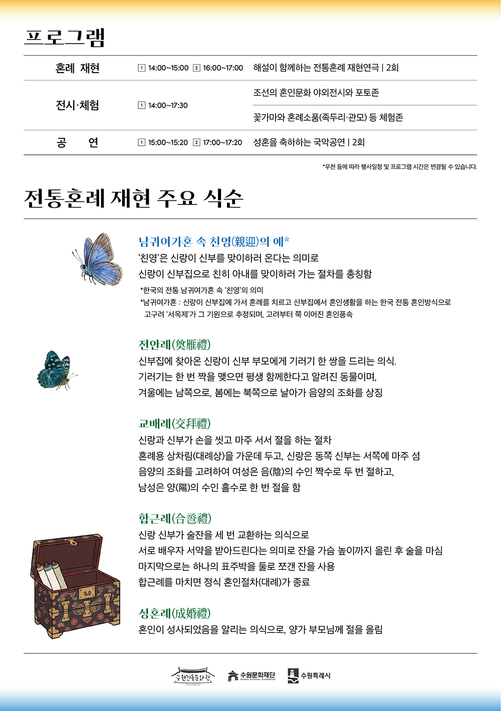 프로그램 혼례 재현 1. 14시부터 15시까지 2. 16시부터 17시까지 해설이 함께하는 전통혼례 재현연극 2회 전시체험 1. 14시부터 17시 30분까지 조선의 혼인문화 야외전시와 포토존/ 꽃가마와 혼례소품(족두리, 관모) 등 체험존 공연 1. 15시부터 15시 20분까지/ 2번 17시부터 17시 20분까지 성혼을 축하하는 국악공연 2회 * 우천 등에 따라 행사일정 및 프로그램 시간은 변경될 수 있습니다.  전통혼례 재현 주요 식순 남귀여가혼 속 친영(親迎)의 예 친영은 신랑이 신부를 맞이하러 온다는 의미로 신랑이 신부집으로 친히 아내를 맞이하러 가는 절차를 총칭함 * 한국의 전통 남귀여가혼 속 친영의 의미 * 남귀여가혼 : 신랑이 신부집에 가서 혼례를 치르고 신부집에서 혼인생활을 하는 한국 전통 혼인방식으로 고구려 서옥제가 그 기원으로 추정되며, 고려부터 쭉 이어진 혼인풍속  전안례(奠雁禮) 신부집에 찾아온 신랑이 신부 부모에게 기러기 한 쌍을 드리는 의식. 기러기는 한 번 짝을 맺으면 평생 함께한다고 알려진 동물이며, 겨울에는 남쪽으로, 봄에는 북쪽으로 날아가 음양의 조화를 상징  교배례(交拜禮) 신랑과 신부가 손을 씻고 마주 서서 절을 하는 절차 혼례용 상차림(대례상)을 가운데 두고, 신랑은 동쪽 신부는 서쪽에 마주 섬 음양의 조화를 고려하여 여성은 음(陰)의 수인 짝수로 두 번 절하고,  남성은 양(陽)의 수인 홀수로 한 번 절을 함  합근례(合卺禮) 신랑 신부가 술잔을 세 번 교환하는 의식으로 서로 배우자 서약을 받아들인다는 의미로 잔을 가슴 높이까지 올린 후 술을 마심 마지막으로 하나의 표주박을 둘로 쪼갠 잔을 사용 합근례를 마치면 정식 혼인절차(대례)가 종료  성혼례(成婚禮) 혼인이 성사되었음을 알리는 의식으로, 양가 부모님께 절을 올림