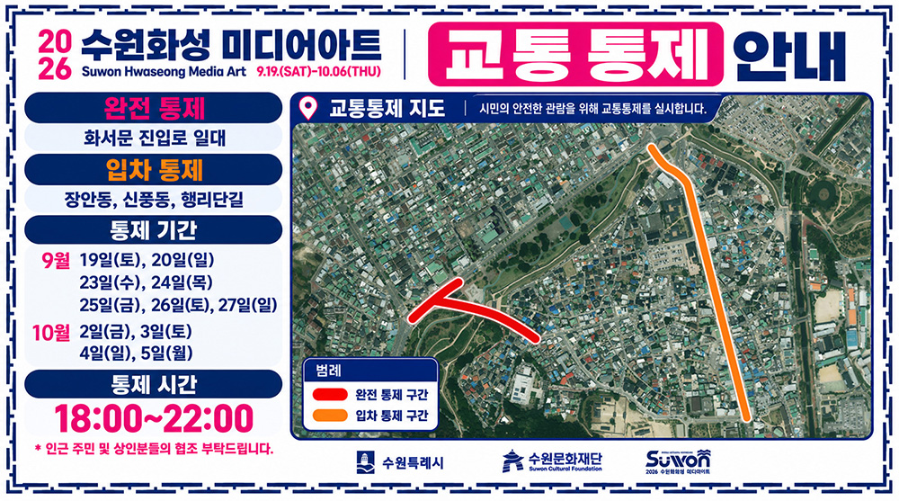 2026 수원화성 미디어아트 교통통제 안내입니다. 완전 통제는 화서문 진입로 일대입니다. 입차 통제는 장안동, 신풍동, 행리단길입니다. 통제기간은 9월 19일 토요일, 20일 일요일, 23일 수요일, 24일 목요일, 25일 금요일, 26일 토요일, 27일 일요일이며, 10월은 2일 금요일, 3일 토요일, 4일 일요일, 5일 월요일입니다. 통제시간은 오후 18시부터 22시까지입니다. *인근 주민 및 상인분들의 협조 부탁드립니다.