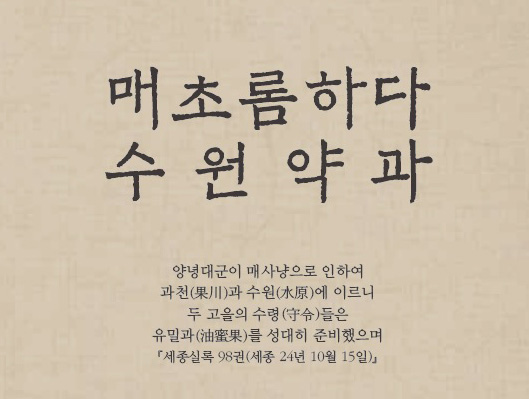 매초롬하다, 수원약과 양녕대군이 매사냥으로 인하여 과천과 수원에 이르니 두 고을의 수령들은 유밀과를 성대히 준비했으며(세종실록 98권)