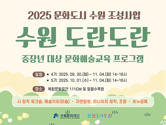 2025 문화도시 수원 조성사업 수원 도란도란 중장년 대상 문화예술교육 프로그램 일정 - 4기: 2025. 09. 30.(화) ~ 11. 04.(화) 14~16시 - 5기: 2025. 10. 04.(수) ~ 11. 04.(화) 14~16시 장소 : 복합문화공간 111CM 및 일월수목원 시 창작 워크숍, 예술치유(미술)자연탐방, 미니어처 제작, 조향비누공예 수원문화재단, 문화도시수원 로고