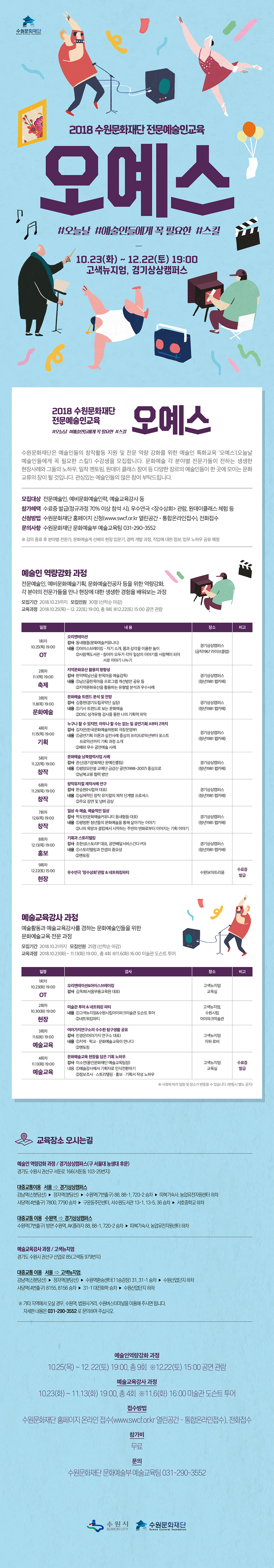 수원문화재단은 예술인들의 창작활동 지원 및 전문 역량 강화를 위한 예술인 특화교육 ‘오예스’(오늘날 예술인들에게 꼭 필요한 스킬!) 수강생을 모집합니다.  문화예술 각 분야별 전문가들이 전하는 생생한 현장사례와 그들의 노하우, 밀착 멘토링, 원데이 클래스 참여 등, 다양한 장르의 예술인들이 한 곳에 모이는 문화 교류의 장이 될 것입니다.  관심있는 예술인들의 많은 참여 부탁드립니다. 사업명 : 2018 수원문화재단 전문예술인 역량강화 교육사업 ‘오예스’ (오늘날 예술인들에게 꼭 필요한 스킬) 교육일시 예술인 역량강화 교육과정 : 10.25(목) ~ 12. 22(토) 19:00, 총 9회 예술교육강사 교육과정 : 10.23(화) ~ 11.13(화) 19:00 , 총 4회 교육장소 : 고색뉴지엄, 경기상상캠퍼스 모집대상 : 전문예술인, 예비문화예술인력, 예술교육강사, 문화예술에 관심 있는 누구나 모집기간 : 예술인 역량강화 과정(10.23까지) / 예술교육강사 과정(10.21까지) 모집인원 : 예술인 역량강화 과정 30명 / 예술교육강사 과정 25명 (선착순 마감) 참가비 : 무료 참가혜택 : 수료증 발급(정규과정 70% 이상 참석 시), 우수연극 <장수상회> 관람, 원데이클래스 체험 등 신청방법 : 수원문화재단 홈페이지 온라인 접수 예술인 역량강화 과정 1	10.25(목) 19:00	 [오리엔테이션] 강사: 동네형들(문화예술커뮤니티) 내용 ① 아이스브레이킹-자기 소개, 몸과 감각을 이용한 놀이 ② 사람책도서관-참여자 모두가 각자 일상의 이야기를 사람책이 되어 서로 이야기 나누기 장소 : 경기상상캠퍼스(공작1967 라이브클럽) 2	11.1(목) 19:00	 [지역문화유산 활용의 방향성] 강사: 한덕택(남산골 한옥마을 예술감독) 내용 ① 남산골한옥마을 프로그램 개선방안 공유 등 ② 지역문화유산을 활용하는 유형별 분석과 우수사례 장소 : 경기상상캠퍼스 (청년1981 펩카페) 3	11.8(목) 19:00	 [문화예술 트렌드 분석 및 전망] 강사: 김중현(경기도립국악단 실장) 내용 ① 기사 트렌드로 보는 문화예술 ② DISC 성격유형 검사를 통한 나의 기획력 파악 장소 : 경기상상캠퍼스 (청년1981 펩카페) 4	11.15(목) 19:00	 [누구나 할 수 있지만, 아무나 할 수는 없는 일 공연기획 A부터 Z까지] 강사: 김자은(한국문화예술위원회 극장운영부) 내용 ① 공연기획 이론과 실전사례 중심의 프리프로덕션부터 포스트 프로덕션까지 기획 과정 소개 ② 해외 우수 공연예술 사례 장소 : 경기상상캠퍼스 (청년1981 펩카페) 5	11.22(목) 19:00	 [문화예술 남북협력사업 사례] 강사: 권신(경기문화재단 문예진흥팀) 내용 ① 평양모란봉 교예단 금강산 공연(1998~2007) 중심으로 ② 남북교류 협력 방안 장소 : 경기상상캠퍼스 (청년1981 펩카페) 6	11.29(목) 19:00	 [창작뮤지컬 제작사례 연구] 강사: 한승원(HJ컬쳐 대표/뮤지컬1446, 파리넬리 등 제작) 내용 ① 실제적인 창작 뮤지컬의 제작 단계별 프로세스 ② 주요 장면 및 넘버 감상 장소 : 경기상상캠퍼스 (청년1981 펩카페) 7	12.6(목) 19:00	 [일상 속 예술, 예술적인 일상] 강사: 박도빈(문화예술커뮤니티 동네형들 대표) 내용 ① 평범한 청년들의 문화예술을 통해 살아가는 이야기 ② 나의 욕망과 결핍에서 시작하는 주변의 변화로부터 이어지는 기획 이야기 장소 : 경기상상캠퍼스 (청년1981 펩카페) 8	12.13(목) 19:00	 [기획과 스토리텔링] 강사: 조한성(스토리P 대표, 공연배달서비스간다 PD/ 연극 신인류의 백분토론, 나와할아버지 등 제작) 내용 ① 스토리텔링과 컨셉의 중요성 ② 멘토링 장소 : 경기상상캠퍼스 (청년1981 펩카페) 9	12.22(토) 15:00	 [우수연극‘장수상회’관람 & 네트워킹파티] 장소 : 수원SK아트리움 예술교육강사 과정 1	10.23(화) 19:00	 [오리엔테이션&아이스브레이킹] 강사: 김옥희(서울무용교육원 대표) 장소 : 고색뉴지엄 교육실 2	10.30(화) 16:00	 [미술관 투어 & 네트워킹 파티] 내용 ① 고색뉴지엄&수원시립아이파크미술관 도슨트 투어 ② 네트워킹파티 장소 : 고색뉴지엄, 수원시립아이파크미술관 3	11.6(화) 19:00	 [여러가지연구소의 수수한 탐구생활 공유] 강사: 민경은(여러가지 연구소 대표) 내용 ① 지역·학교·문화예술교육이 만나다 ② 멘토링 장소 : 고색뉴지엄 지하 로비 4	11.13(화) 19:00	 [문화예술교육 현장을 담은 기획 노하우] 강사: 이소연(용인문화재단 예술교육팀장) 내용 ① 예술강사에서 기획자로 인식전환하기 ② 정보조사, 스토리텔링, 홍보, 기획서 작성 노하우 장소 : 고색뉴지엄 지하 로비