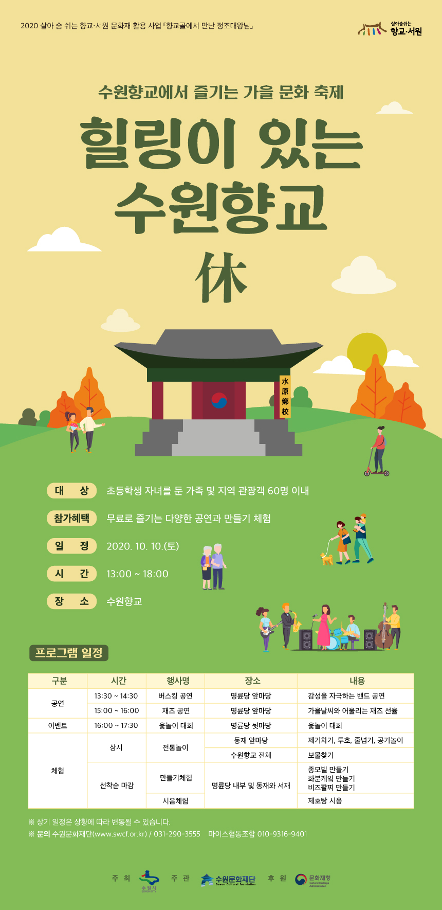 2020 살아 숨 쉬는 향교/서원 문화재 활용 사업 향교골에서 만난 정조대왕님. 살아숨쉬는 향교/서원. 수원향교에서 즐기는 가을 문화 축제 힐링이 있는 수원향교. 대상:초등학생 자녀를 둔 가족 및 지역관광객 60명 이내, 참가혜택:무료로 즐기는 다양한 공연과 만들기 체험, 일정:2020.10.10.(토), 시간:13:00~18:00, 장소:수원향교. 프로그램 일정. 구분, 시간, 행사명, 장소, 내용에 대한 안내. 공연/13:30~14:30,버스킹공연,명륜당 앞마당,감성을 자극하는 밴드 공연. 15:00~16:00,재즈공연,명륜당 앞마당, 가을날씨와 어울리는 재즈 선율. 이벤트, 16:00~17:30, 윷놀이 대회, 명륜당 뒷마당, 윷놀이 대회. 체험, 상시, 전통놀이, 동재 앞마당, 제기차기,투호,줄넘기,공기놀이. 수원향교 전체, 보물찾기. 선착순 마감, 만들기체험, 명륜당 내부 및 동재와 서재, 종모빌 만들기, 화분케익만들기,비즈팔찌 만들기. 시음체험, 명륜당 내부 및 동재와 서재, 제호탕 시음. 상기일정은 상황에 따라 변동 될 수 있습니다. 문의 수원문화재단(www.swcf.or.kr)/031-290-3555, 마이스협동조합 010-9316-9401. 주최:수원시, 주관:수원문화재단, 후원:문화재청