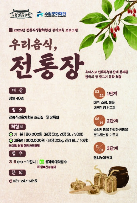 수원전통문화관 수원문화재단 2025년 전통식생활체험관 장기교육 프로그램 우리음식, 전통장 유네스코 인류무형유산에 등재된 한국의 장 담그기 문화 체험 대상 성인 40명 장소 전통식생활체험관 조리실 및 장독대 체험료 기본 80,000원(된장5kg, 간장2l / 30명) 대용량 300,000원(된장20kg, 간장 8l / 10명) 접수 3.5.(수)~마감시 네이버 예약접수 ※중복신청 불가 문의 031-247-5615 03/22 1단계 메주,소금,물을 이용한 장 담그기 6/14 2단계 숙성된 장을 간장과 된장을 분리하는 장 기르기 11/01 3단계 장 나누어 담기