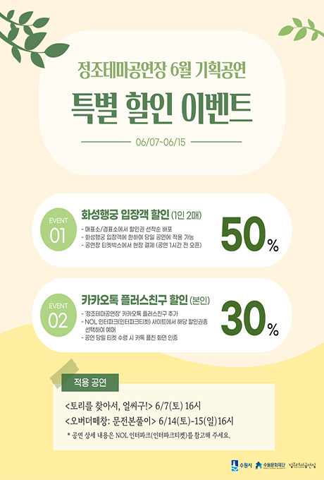 정조테마공연장 6월 기획공연 특별할인 이벤트 06/07~06/15 EVENT01 화성행궁 입장객 할인(1인 2매) 50% -매표소/검표소에서 할인권 선착순 배포 - 화성행궁 입장객에 한하여 당일 공연에 적용 가능 -공연장 티켓박스에서 현장 결제(공연 1시간 전 오픈) EVENT 카카오톡 플러스친구 할인(본인) 30% -정조테마공연장 카카오톡 플러스친구 추가 -NOL 인터파크(인터파크티켓) 사이트에서 해당 할인권종 선택하여 예매 -공연 당일 티켓 수령 시 카톡 플친 화면 인증 적용 공연 토리를 찾아서, 얼씨구! 6/7(토) 16시 오버더떼창: 문전본풀이 6/14-15(일) 16시 *공연 상세 내용은 NOL 인터파크(인터파크티켓)를 참고해 주세요. 수원시 수원문화재단 정조테마공연장