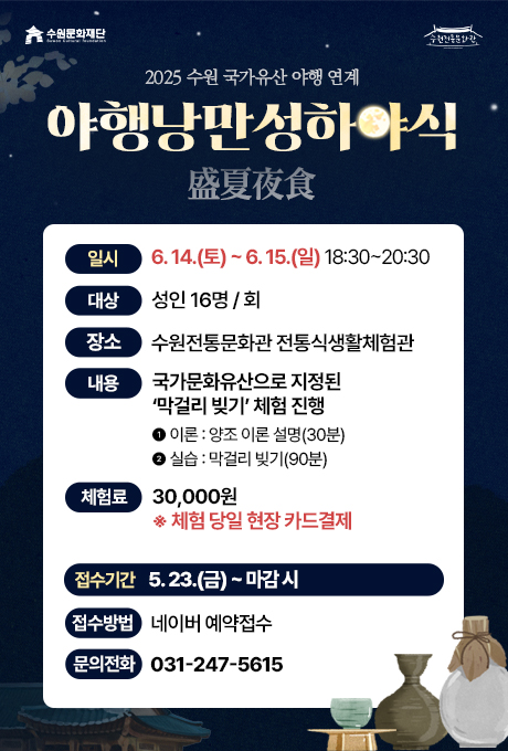 수원문화재단 수원전통문화관 2025 수원 국가유산 야행 연계 야행낭만성하야식 盛夏夜食 일시 6.14.(토)~6.15.(일) 18:30~20:30 대상 성인16명/회 장소 수원전통문화관 전통식생활체험관 내용 국가문화유산으로 지정된 막걸리 빚기 체험 진행 1 이론: 양조 이론 설명(30분) 2 실습: 막걸리 빚기(90분) 체험료 30,000원 ※ 체험 당일 현장 카드결제 접수시간 5.23.(금)~마감 시 접수방법 네이버 예약접수 문의전화 031-247-5615