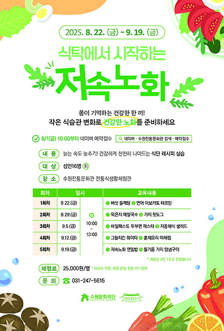 2025. 8. 22.(금)~9. 19.(금) 식탁에서 시작하는 저속노화 몸이 기억하는 건강한 한 끼! 작은 식습관 변화로 건강한 노화를 준비하세요 8/1(금) 10:00부터 네이버 예약접수 네이버▶수원전통문화관 검색▶예약접수 내용 늙는 속도 늦추기! 건강하게 천천히 나이드는 식단 레시피 실습 대상 성인16명/회 장소 수원전통문화관 전통식생활체험관 교육내용에 대한 회차, 일시, 교육내용입니다. 1회차/8.22.(금) 10:00~13:00/1 버섯 들깨탕 2 연어 아보카도 타르틴 2회차/8.29.(금) 10:00~13:00/1 묵은지 메밀국수 2 가지 핫도그 3회차/9.5.(금) 10:00~13:00/1 바질페스토 두부면 파스타 2 지중해식 샐러드 4회차/9.12.(금) 10:00~13:00/1 그릴치킨 화이타 2 훈제오리 야채찜 5회차/9.19.(금) 10:00~13:00/1저속노화 연잎밥 2 들기름 가지 양념구이 *체험은 4인 1조로 진행됩니다 체험료 25,000원/명 *재료비 포함, 체험 당일 현장 카드결제 문의 031-247-5615 수원문화재단 수원전통문화관
