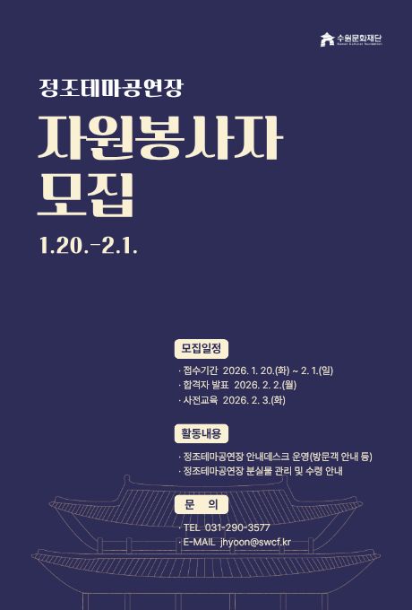 [우상단] 수원문화재단 CI  [좌상단] 정조테마공연장 자원봉사자 모집 1.20.-2.1.  [우하단] 모집일정 접수기간 2026. 1. 20.(화) ~ 2.1.(일) 합격자 발표 2026. 2. 2.(월) 사전교육 2026. 2. 3.(화)  활동내용 정조테마공연장 안내데스크 운영(방문객 안내 등) 정조테마공연장 분실물 관리 및 수령 안내  문의 TEL 031-290-3577 E-MAIL jhyoon@swcf.kr  [정중앙 맨하단] 정조테마공연장 한옥 일러스트