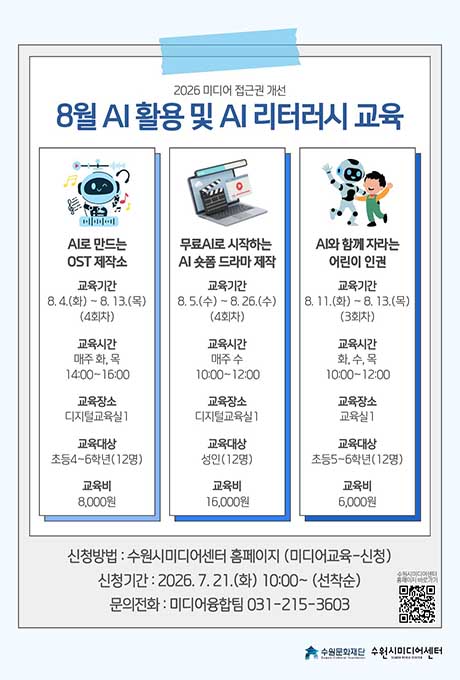 2026 미디어 접근권 개선 8월 AI 활용 및 AI 리터러시 교육 AI로 만드는 OST 제작소 교육기간 8.4.(화)~8.13.(목) 4회차 교육시간 매주 화, 목 14시~16시 교육장소 디지털교육실 1 교육대상 초등4~6학년(12명) 교육비 8,000원  무료AI로 시작하는 AI숏폼 드라마 제작 교육기간 8.5.(수)~8.26.(수) 4회차 교육시간 매주 수 10시~12시 교육장소 디지털교육실1 교육대상 성인(12명) 교육비 16,000원  AI와 함께 자라는 어린이 인권 교육기간 8.11.(화)~8.13.(목) 3회차 교육시간 화,수,목 10시~12시 교육장소 교육실1 교육대상 초등5~6학년(12명) 교육비 6,000원  신청방법: 수원시미디어센터 홈페이지(미디어교육-신청) 신청기간: 2026.7.21.(화) 10시~ 선착순 문의전화: 미디어융합팀 031-215-3603 수원시미디어센터 홈페이지 바로가기 QR이미지(우측 맨하단) 수원문화재단 수원시미디어센터