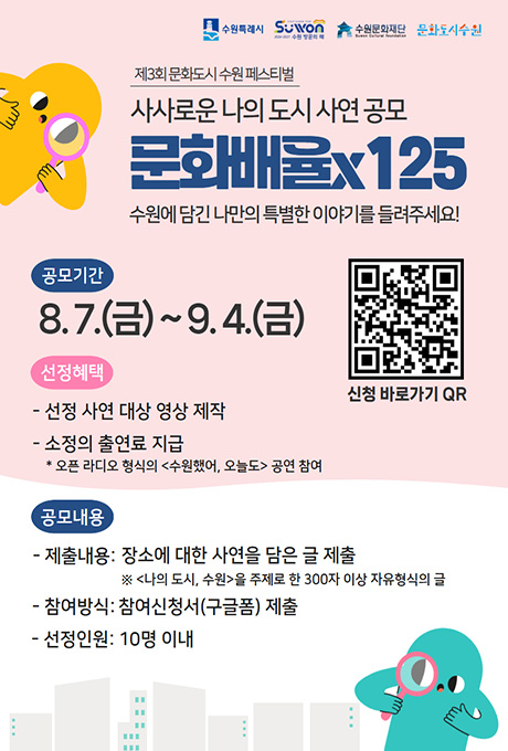 제3회 문화도시 수원 페스티벌 사사로운 나의 도시 사연 공모 문화배율x125 포스터입니다. 수원에 담긴 나만의 특별한 이야기를 들려주세요!  공모기간 8월 7일 금요일부터 9월 4일 금요일까지입니다. 선정혜택은 선정 사연 대상 영상 제작, 소정의 출연료 지급(*오픈 라디오 형식의 수원했어, 오늘도 공연 참여)입니다. 공모내용입니다. 제출내용은 장소에 대한 사연을 담은 글 제출(※ 나의도시, 수원을 주제로 한 300자 이상 자유형식의 글)입니다. 참여방식은 참여신청서(구글폼) 제출입니다. 선정인원은 10명 이내입니다. 문의처는 문화도시센터 문화기획팀 031-290-3652입니다.  포스터 우측 중간에 참여신청서 바로가기 QR이 있습니다.
